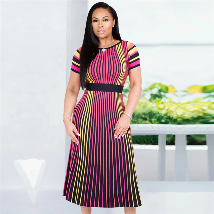 GuyuEra African Dresses For Women Sexy European and American Color Stripes Short Sleeves Round Neck Slimming Long Skirt
