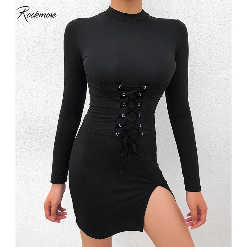 

Rockmore Bodycon Gothic Long Sleeve Split Sexy Mini Dress Women Autumn Winter Criss Cross Bandage Keep Warm Slim Wrap Dresses