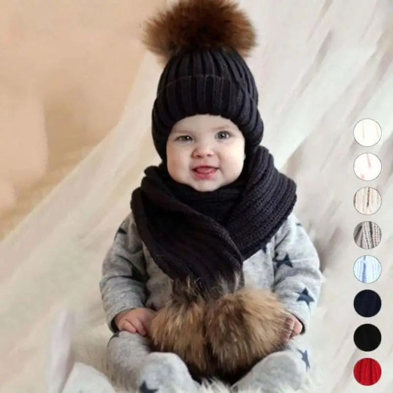 

Children's hat with pompon Winter Warm Chunky Thick Knit Beanie Hats and Scarves Real Fur Pom Pom Hat Scarf Set for Child B25