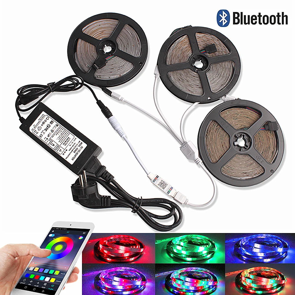 

RGB LED Strip Bluetooth 2835 15M 10M 5M Ledstrip Neon Lights Ribbon RGB Tape Backlight Flexible Controller 12V Power Adapter Set