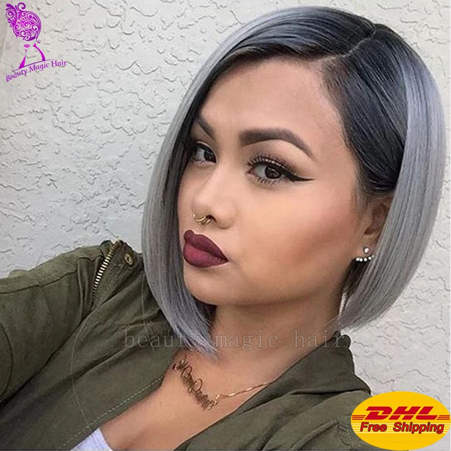 Gray Grey Ombre Synthetic Lace Front Wig 2 Tones Ombre Bob Straight