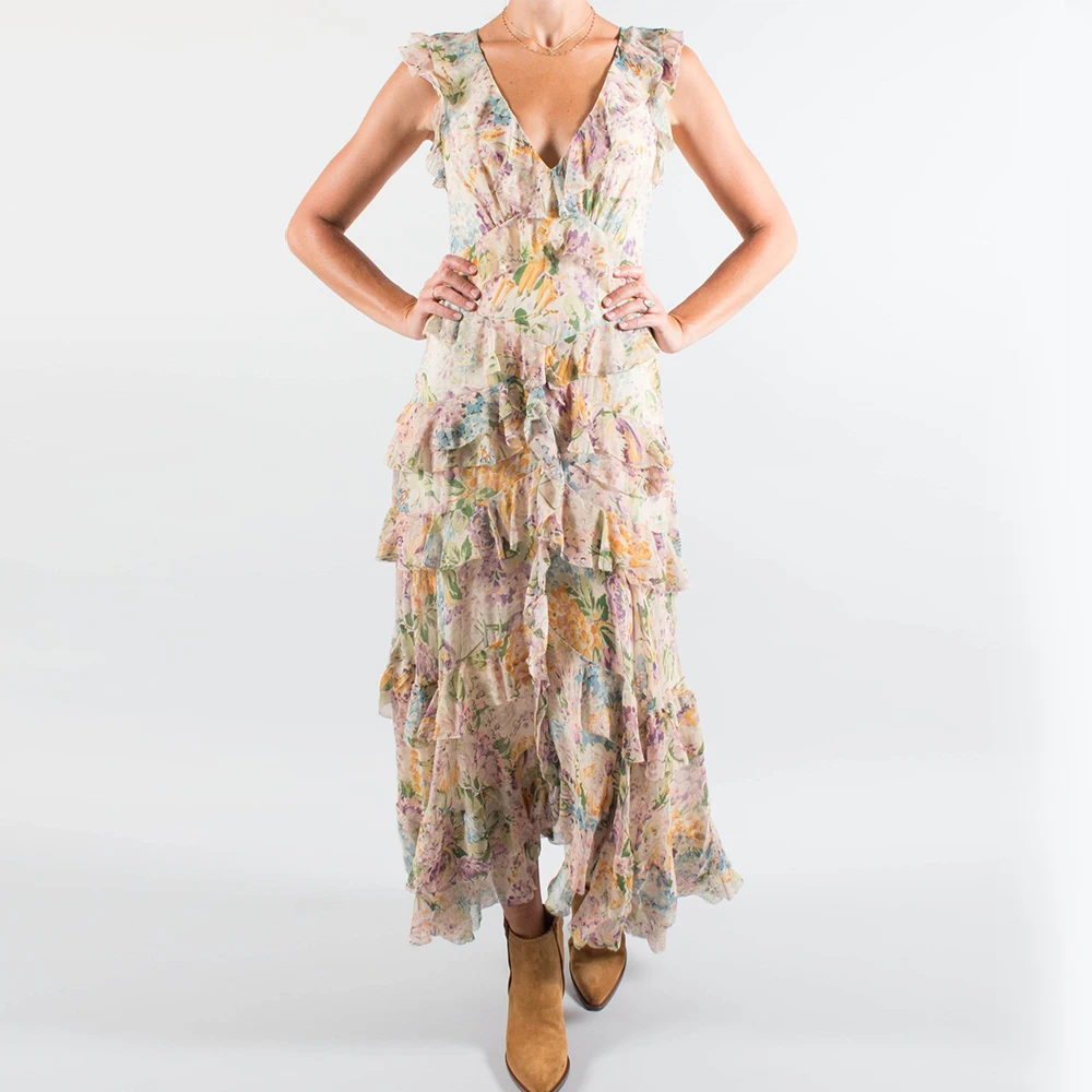 

KHALEE YOSE Floral Flutter Dress Summer Midi Holiday Dresses Ruffles Tiered Sleeveless V-neck Backless Sexy Women Long Dresses