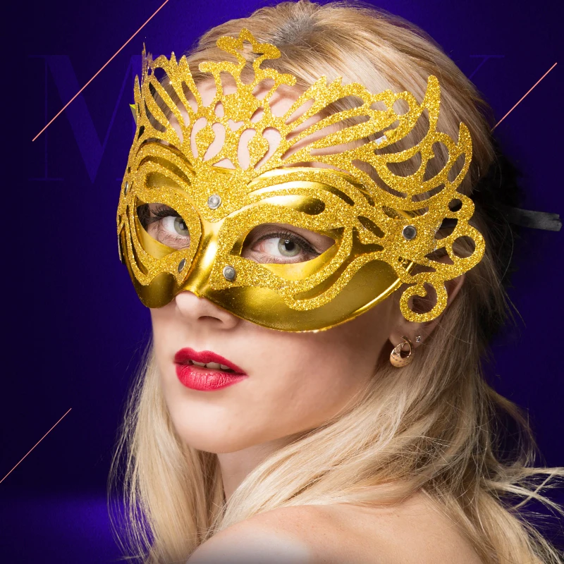 3ks poloviční tvář taneční maska ​​koruna se zlatým práškem na party svatební maškarní Halloween vánoční karneval dekorace PVC