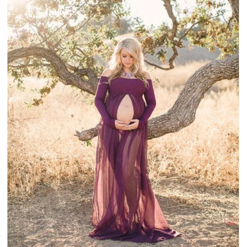 vestidos para sesiones de fotos color: manga larga, morado, talla de maternidad: S vestidos de maternidad para mujeres embarazadas YUANYUAN520 Vestido de embarazo para fotografía