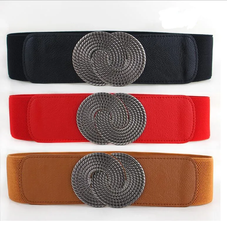 

Hot Good Quality Wide Cummerbund girdle female vintage circle buckle elastic waistband Dress Cummerbunds leather stretch women