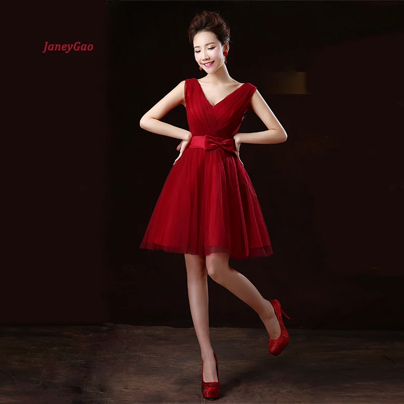 JaneyGao, короткие платья для выпускного вечера, вечерние платья для женщин, маленькое, v-образный вырез, сексуальное, элегантное, винно-красное, Тюлевое платье, распродажа