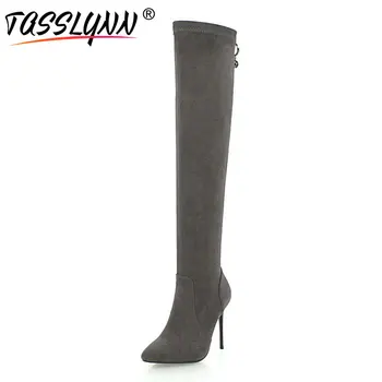 

TASSLYNN 2018 Women Boots Sexy Flock Thin High Heels Pointed Toe Over The Knee Boots Elegant Slip on Women Shoes Size 34-43