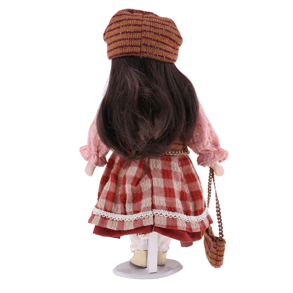 30cm Elegant Girl Doll Lady in Pink Piaid Dress Gown Hat Dolls House Miniature Accessory Xmas Gift	