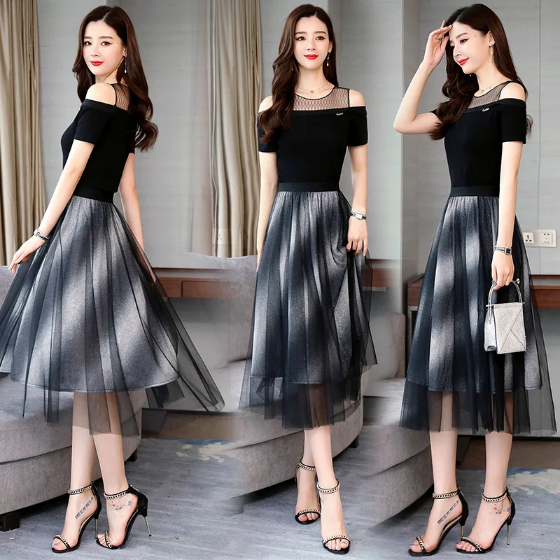 2 Pieces Set 2021 New Summer women's tops shirt and skirt suits Female net collar Short Sleeve sets |