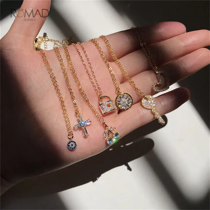 

Romad S925 Silver Chain Choker Necklaces Crystal Cherry Cross Devil Eye Pendant Necklace For Women Jewelry