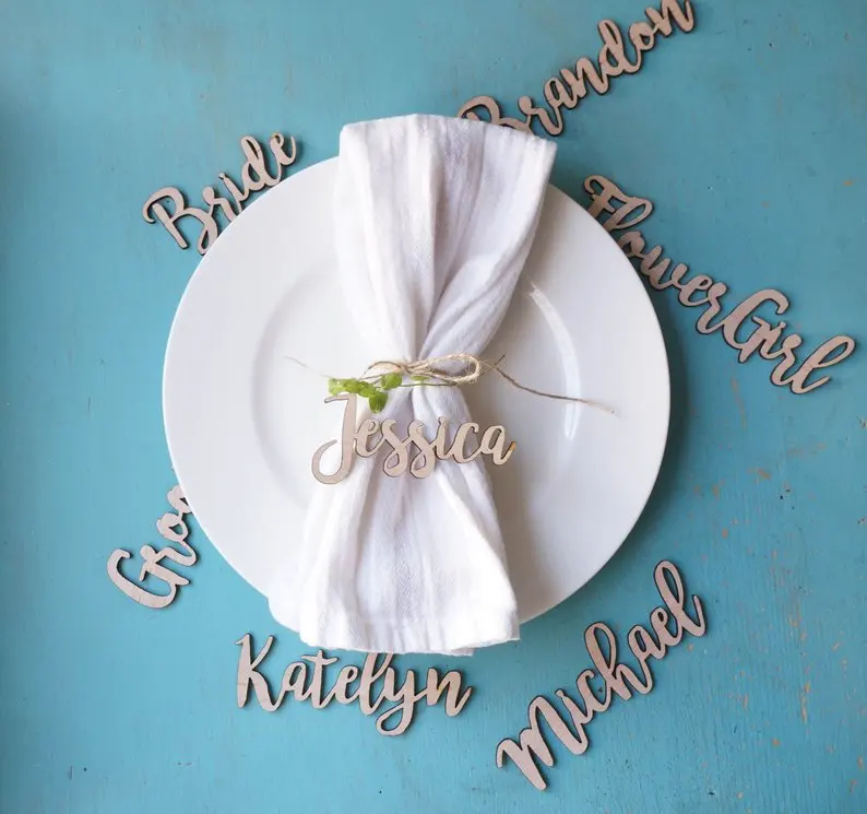 

Custom Personalized Name Wood Place Card Dinnerware Calligraphy Cards Tableware Laser Cut Reception Cards Wedding Decor