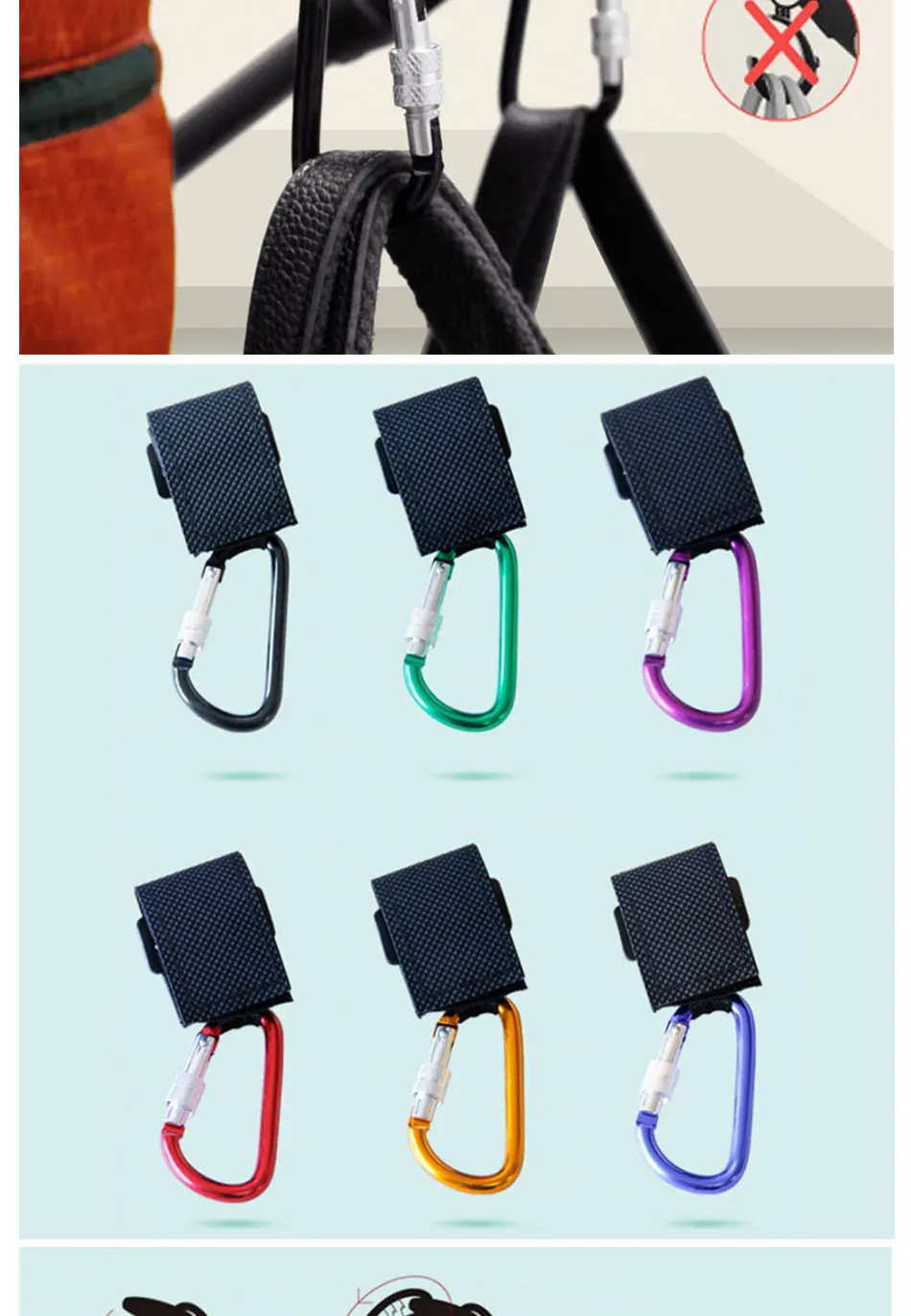 Baby Stroller Bag Holder Hook Clasp Clip Aluminum Alloy D-shape Carabiner Load-bearing Buckle for Hanging Diaper Bag Hanger