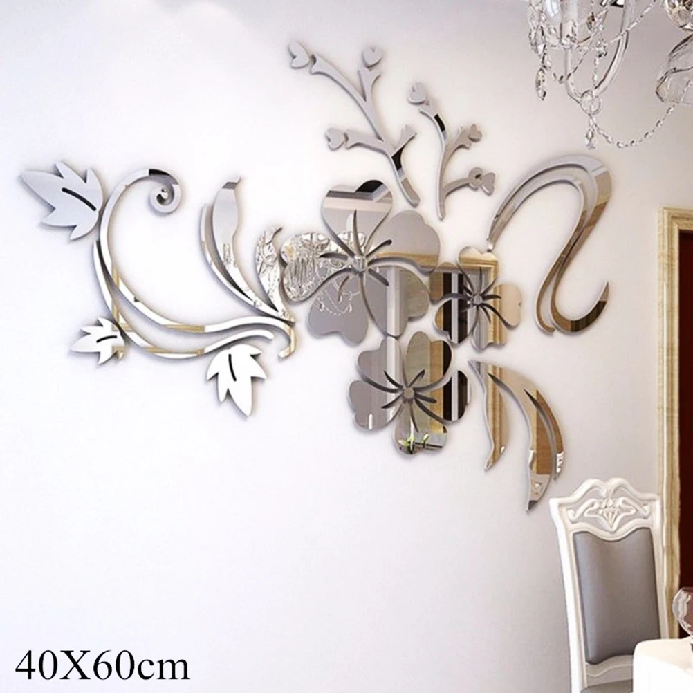 

1 Set 3D Mirror Flower Wall Stickers Acrylic Vinyl Stickers For Children Kids Bedroom Gold Silver Home Decor 40x60cm