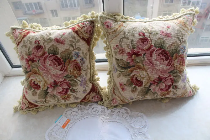 

FREE SHIPPING 10K 16"X16" Needlepoint pillow, handknotted cushion with floral designs no insertion