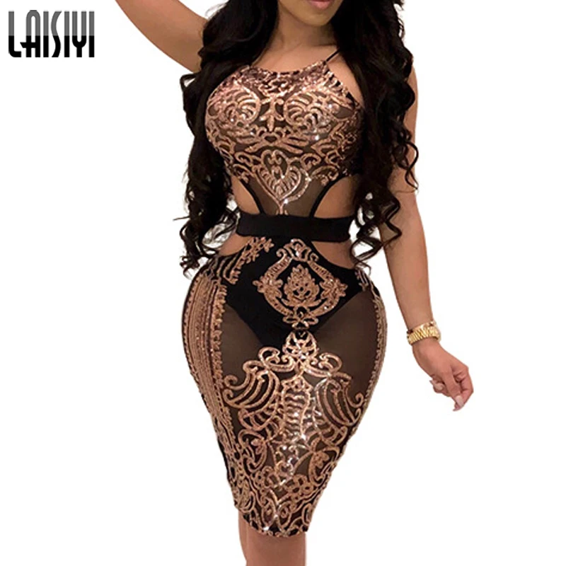 

LAISIYI Women Sequins Bodycon Dress Halter Waist Hollow Out Knee Length Transparent Sheath Dress Sexy Night Club Dress ASDR22027