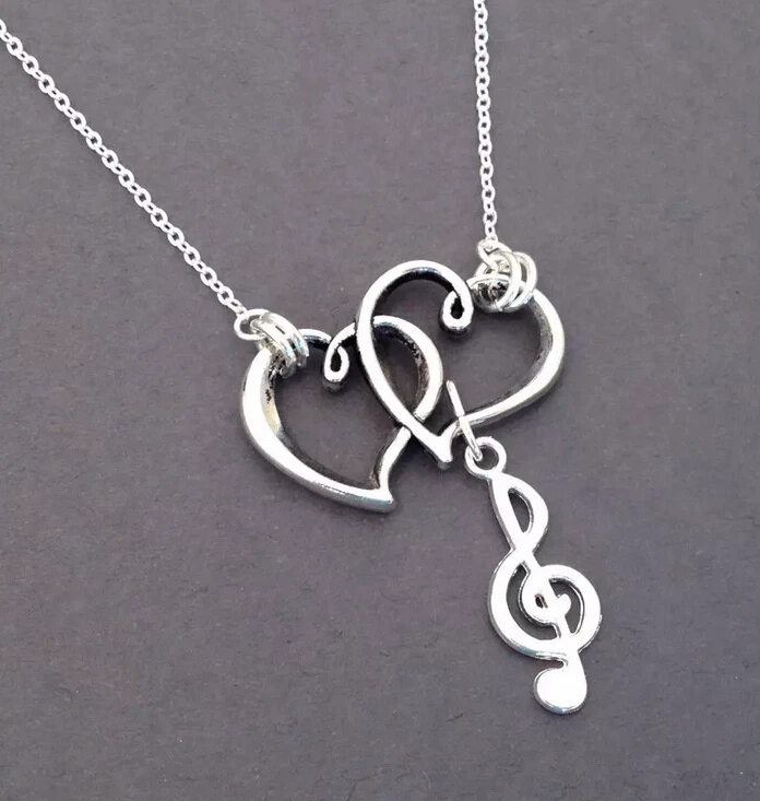 Vintage Silver Double Heart Music Note Charm Chain Statement Collar