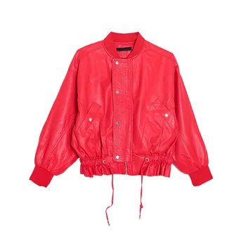 

Woman Faux Leather Coat Spring Autumn Loose Casual Female Leather Jackets Drawstring Long Sleeve Red Baseball Clothing Leather