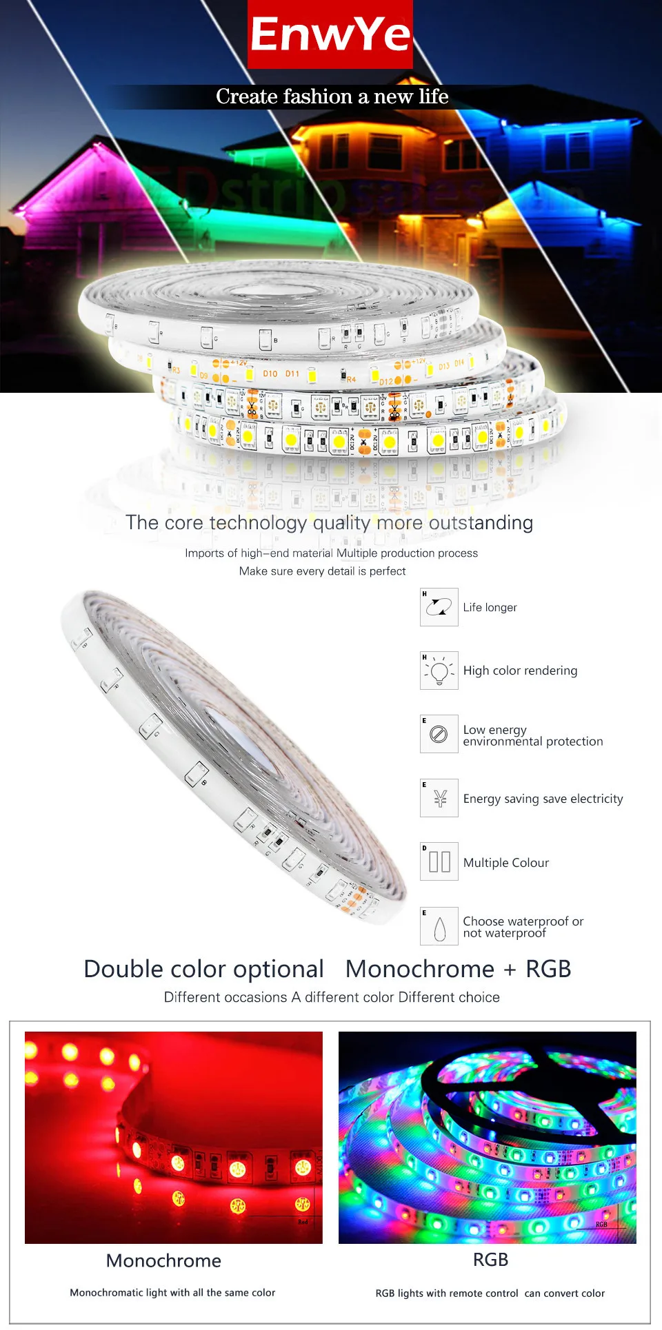 EnwYe горячая Распродажа 5 м 300 светодиодов RGB светодиодная лента светильник 3528 5050 12 В постоянного тока 60 светодиодов/м Fiexble светильник Светодиодная лента лампа для украшения дома