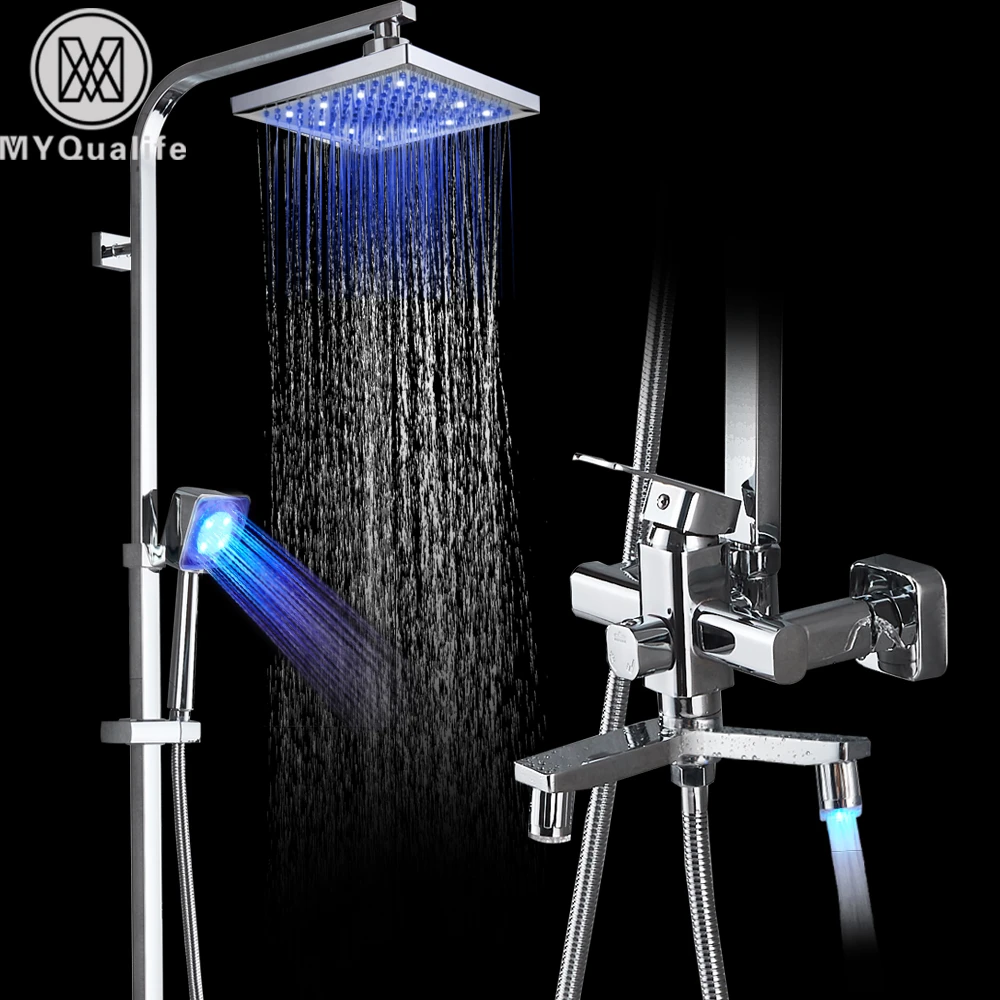 Chrome Bathroom 8"LED Rainfall Shower Faucet Set With Single Handle Mixer Vavle