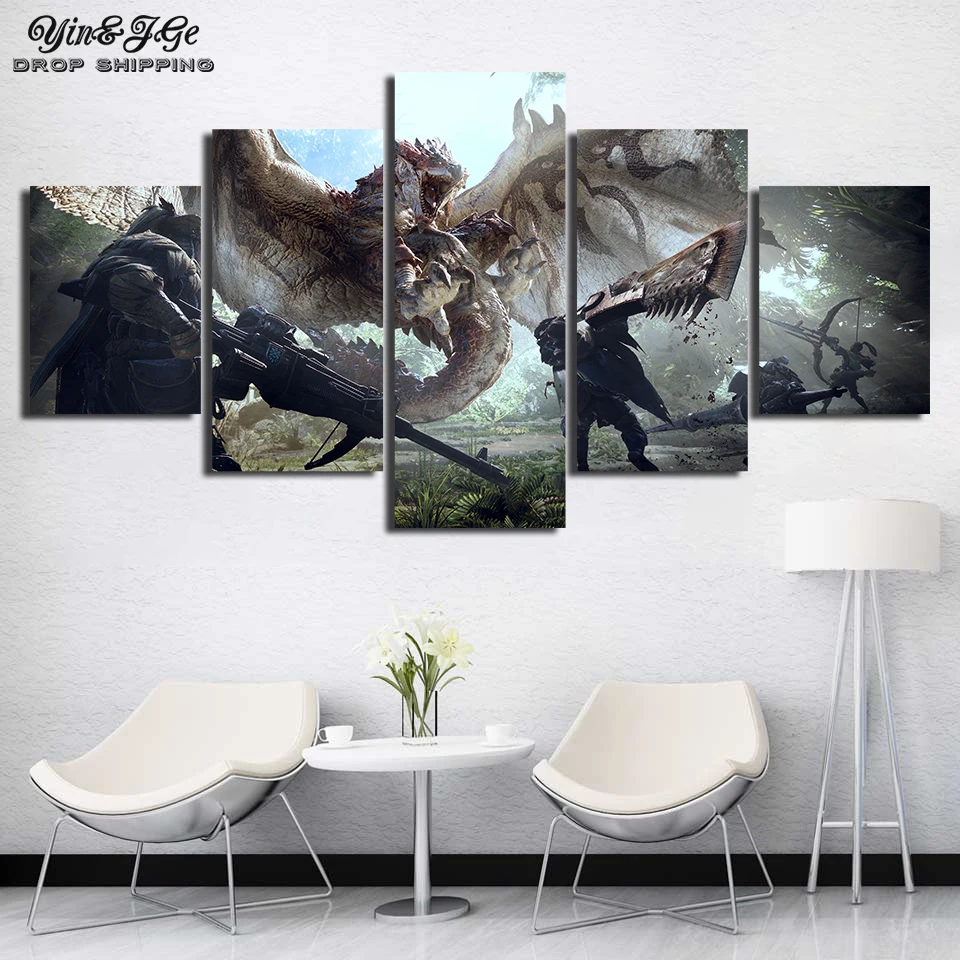

Modular Poster Canvas Painting Wall Artwork 5 Pieces Game Monster Hunter Loong Hd Printed Home Decor Pictures For Living Room