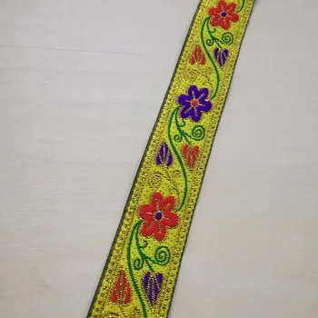 

2.5cm 25mm 1'' Yellow Red Purple Flowers Golden Filigree Ethnic Costume National Jacquard Ribbon Garment Woven Webbing Trim Lace