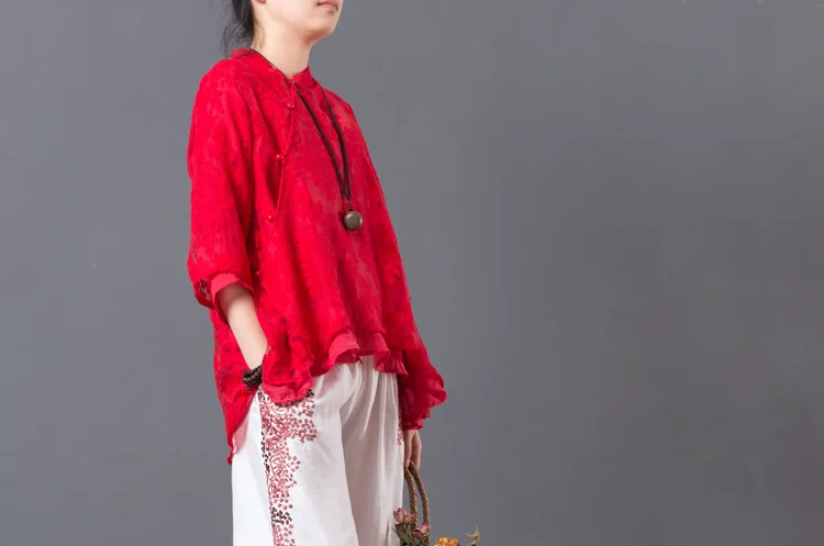 LZJN Original Women Floral Blouse Summer Tops Traditional Chinese Cheongsam Top Qipao White 4 Colors Lace Shirt with 34 Sleeve  (41)