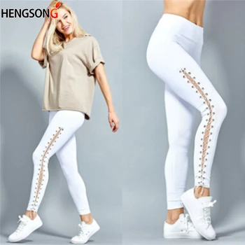 

High Waist Ankle-length Slim Female Legging Strap Eyelet Sexy Slim Leggins Legins Sexy Lacing Women Leggings Solid Hollow Pants