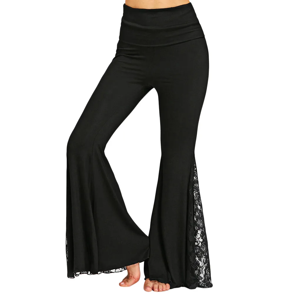 Gamiss New Fashion Black Wide Leg Pants High Waisted Lace Panel Flare