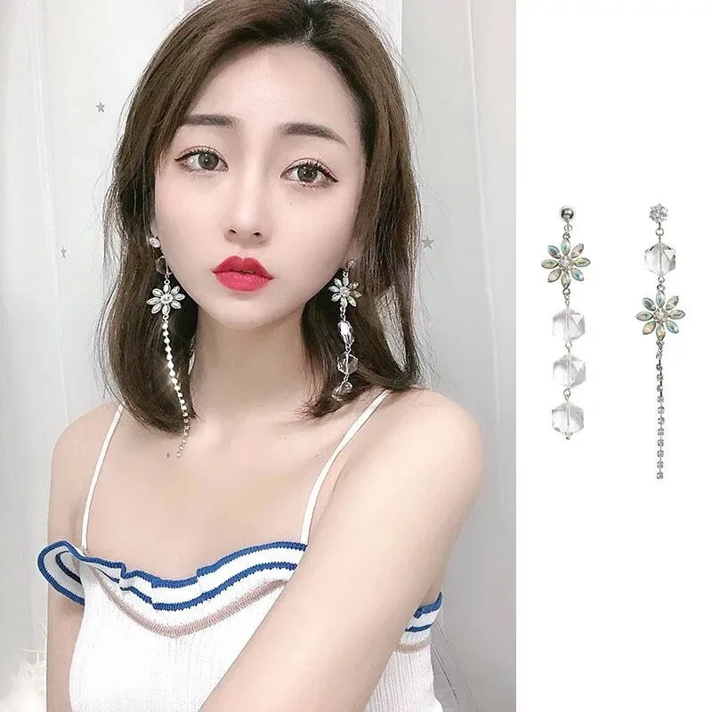 

Colorful Rhinestone Flower Women Dangle Earrings Asymmetry Design Long Crystal Korean Drop Earrings Best Gift for Her EC1766