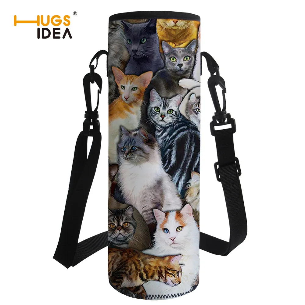 

HUGSIDEA Portable Water Bottle Sleeve Lovely Cat Print Drink Bottle Carrying Pouch Bag with Handle Sport Water Bottle Covers