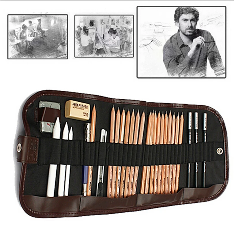 

18pcs Newest Sketch Pencil Drawing Set Pencils HB 2B 6H 4H+4B Eraser Knife Extender portable Paper Pen Bag+3Charcoal Pencil S30