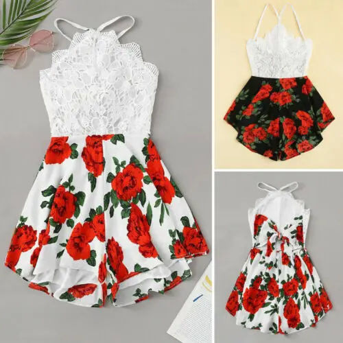 

UK Cute Newborn Baby Girls Romper Floral Lace Patchwork Leash Jointed Shorts Sunsuit Summer Clothes Outfits
