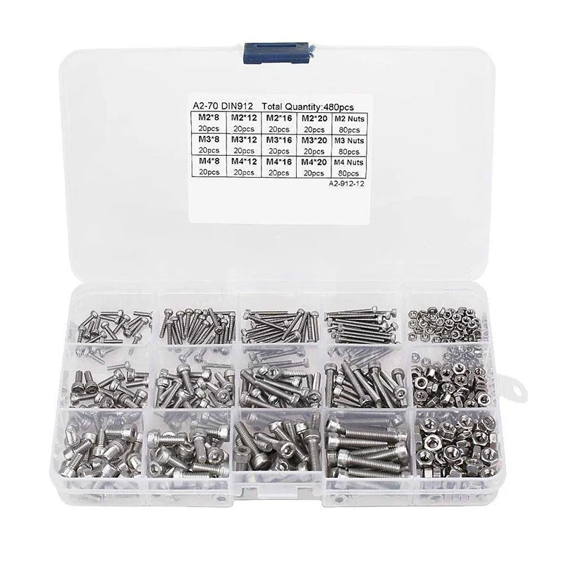 Hot Sell 480pcs Stainless Steel Hex Socket M2 M3 M4 Head Cap Screws Nut