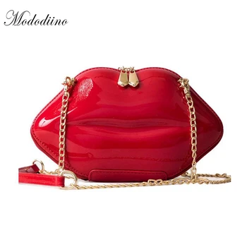 

Mododiino Patent Leather Red lips Shoulder Bags Chains Solid Mini Bolsa Feminina New Womens Cross Body Bags Casual Bags DNV0438