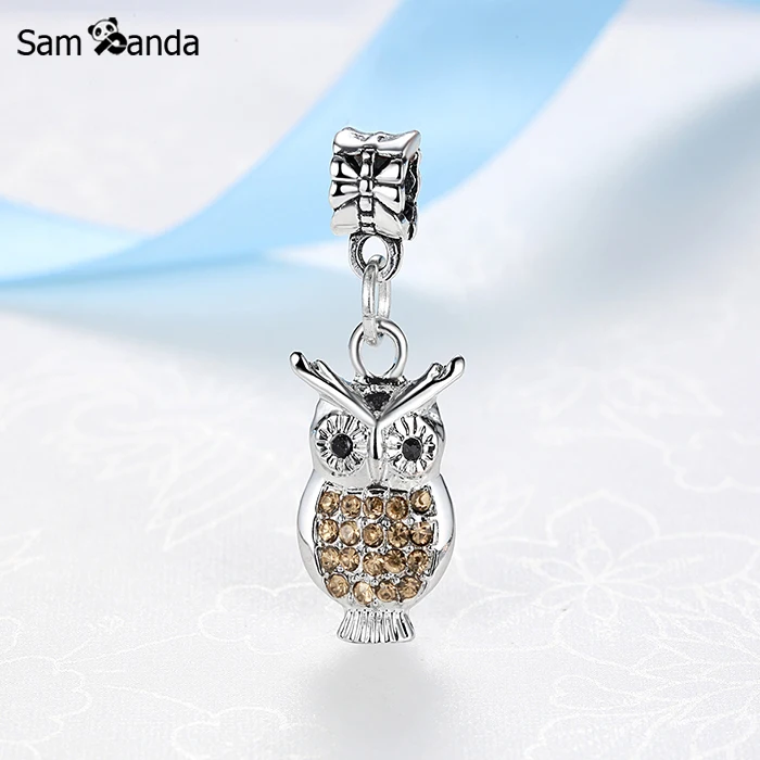 

New Silver Plated Bead Charm Owl Pendant Charms Crystals Fit Pandora Bracelets Bangles Women DIY Fashion Jewelry Making