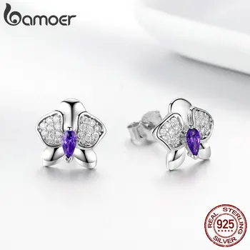 

BAMOER Genuine 925 Sterling Silver Orchid Flower Clear CZ Zircon Stud Earrings for Women Engagement Jewelry Gift GAE036