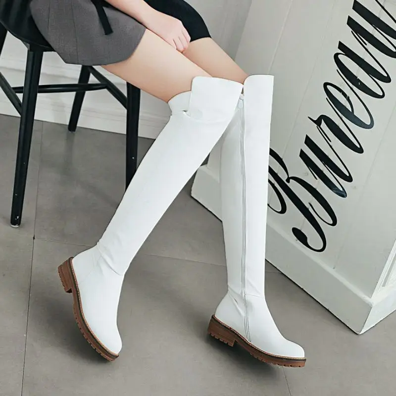 TAOFFEN Women Over The Knee Boots Hot Sale Daily Fashion White Boots Zipper Flats Shoes Woman Female Footwear Size 34-43