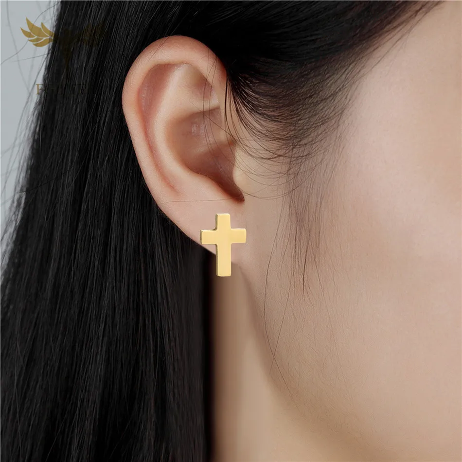 FGifter Wholesale Christ Cross Earrings Lots Stainless Steel Stud Jewelry Earring Small Women Men Kids Children Gifts 12 Pairs