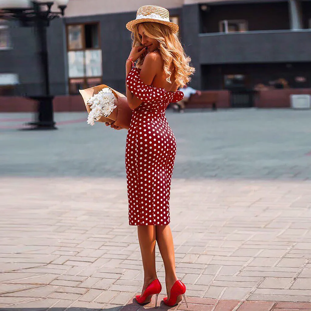 

Women's summer Sexy Off Shoulder Dot Printed Bodycon Evening Party Short Mini off shoulder top Dress vestidos verao