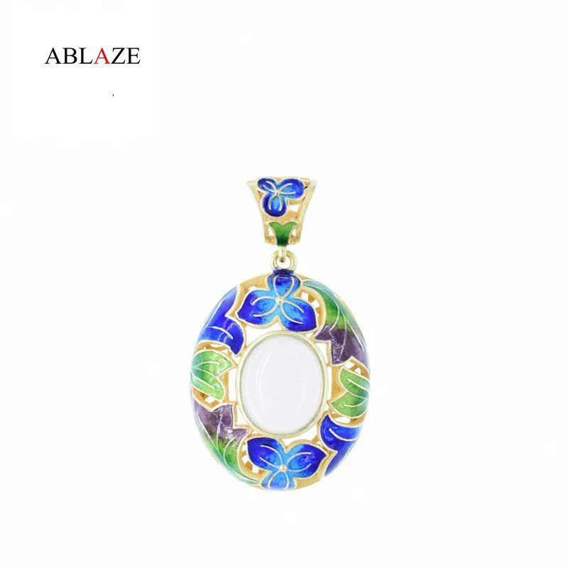 

High Quality Gold Plated Silver Round Pendants Natural Jasper White Jade Retro Enamel Gem Vintage Jewelry Women PJ006