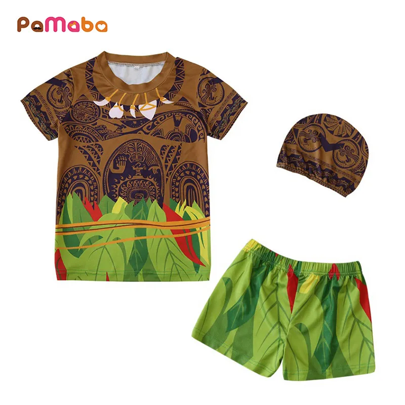 PaMaBa 3 шт./компл. пляжный купальник с принтом Мауи для мальчиков детские купальные костюмы Moana Vaiana топы и шорты и шапочка купальник для бассейна