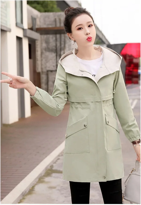 Женская ветровка Новая корейская Высококачественная средняя длинная одежда весна осень большой размер Тренч с капюшоном женское базовое пальто AA662 - Цвет: pea green