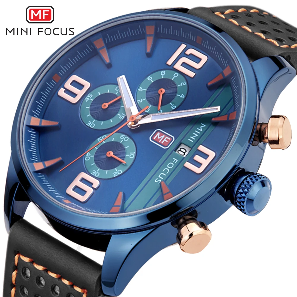 

MINIFOCUS Fine Watch Mens Fashion Multifunction Clock Male Sport Quartz Casual Watch Leather Military Army Gents Watches Relojes