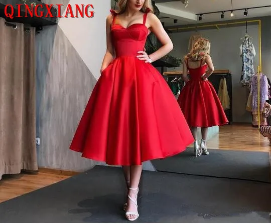 

Dark Red Prom Dresses With Pockets 2019 Gorgeous Sweetheart Straps Satin Tea Length Cocktail Party Dress Backless Gown