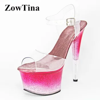 

Women PVC Summer Sandals Gladiator 7cm Platform Beach Sandalias Femme Sequins 17cm High Heels Transparent Ladies Shoes Slippers