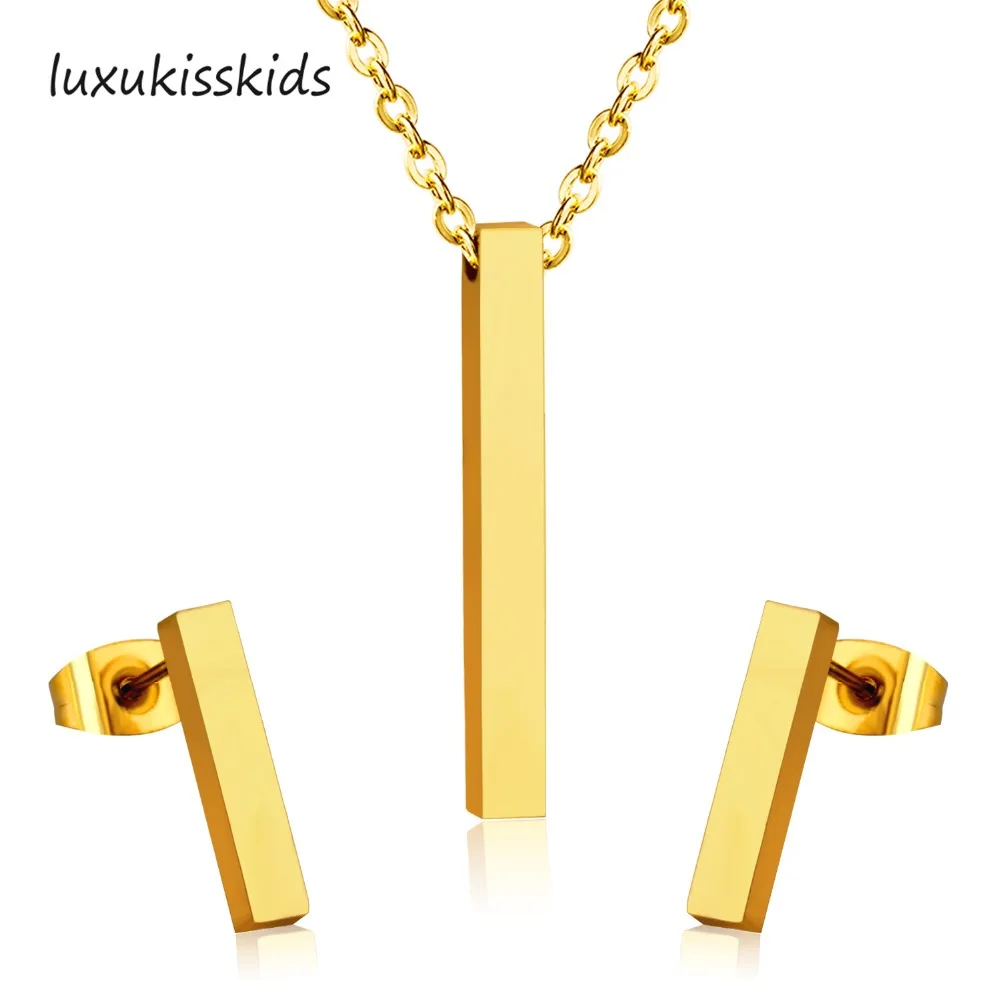 

LUXUKISSKIDS Brand New Gold/Silver Color Long Pillar Square Pendant Necklace Drop Dangle Earrings Jewelry Set Hot Sale
