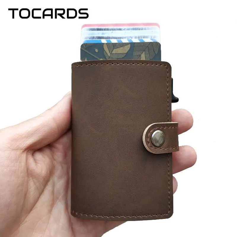RFID блокирующий винтажный держатель для кредитных карт мужской алюминиевый деловой ID Кожаный чехол для карты мужской металлический держатель для карт тонкий кошелек