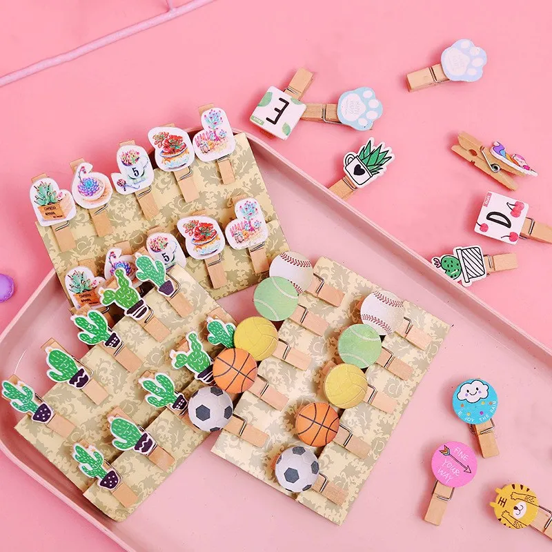 

10 Pcs/set Creative Cute Animals Cactus Plants Wooden Notes Clip Photo Paper Craft DIY Clips with Hemp Rope Kids Gift