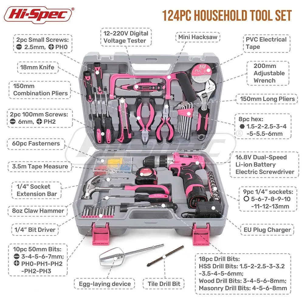Hi-Spec 124 Piece Pink Household Hand Tool Set Kit 16.8V Electric Screwdriver Li-ion Battery Power Tool Set Girl Women Lady Tool Hi-Spec 124 Piece Pink Household Hand Tool Set Kit 16.8V Electric Screwdriver Li-ion Battery Power Tool Set Girl Women Lady Tool
