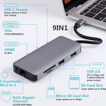 Док-станция с разъемом типа C, HDMI, VGA, USB3.0, аудио питание, концентратор для ноутбука Macbook Pro, hp, DELL, поверхность lenovo, samsung